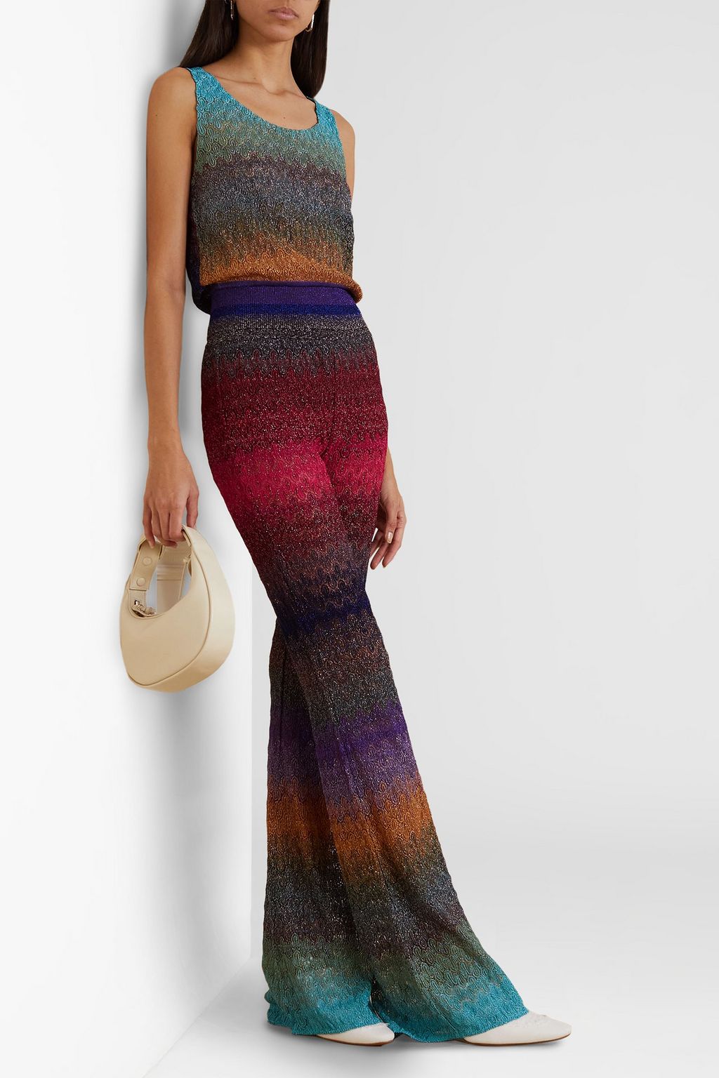MISSONI Metallic striped crochet-knit flared pants