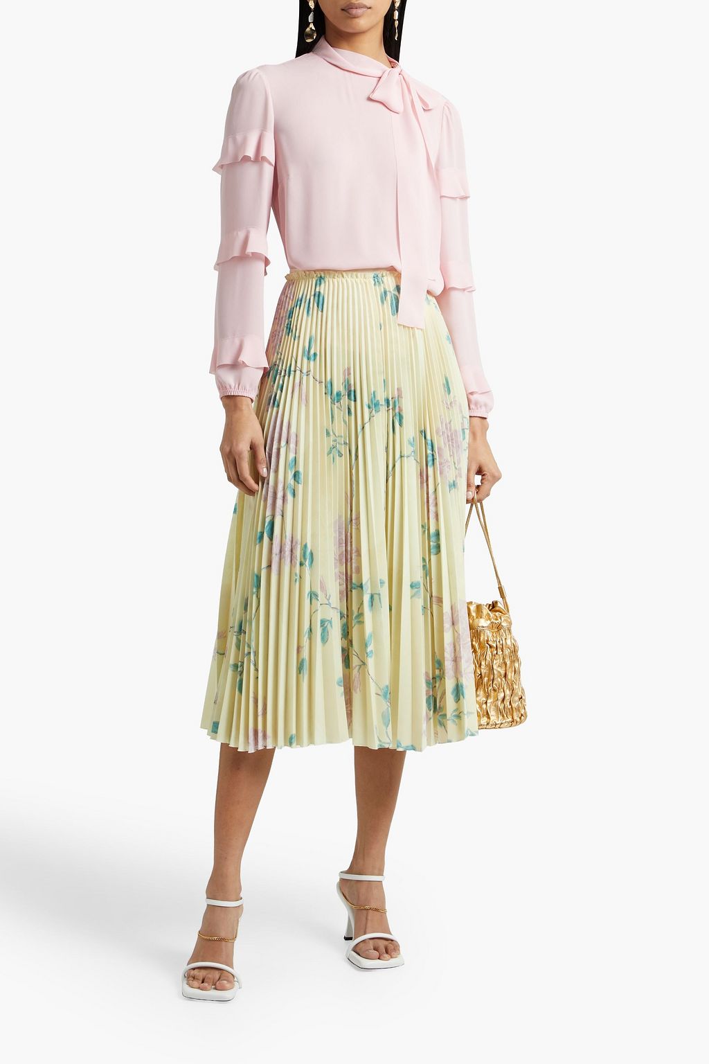 REDVALENTINO Pleated floral-print crepe midi skirt