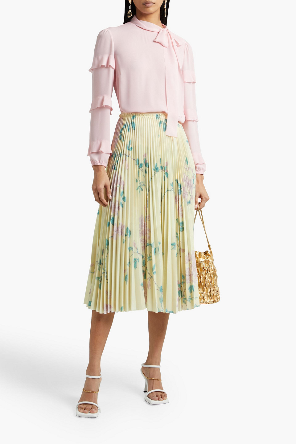 Red Valentino Pleated Floral-print Crepe Midi Skirt In Pastel Yellow
