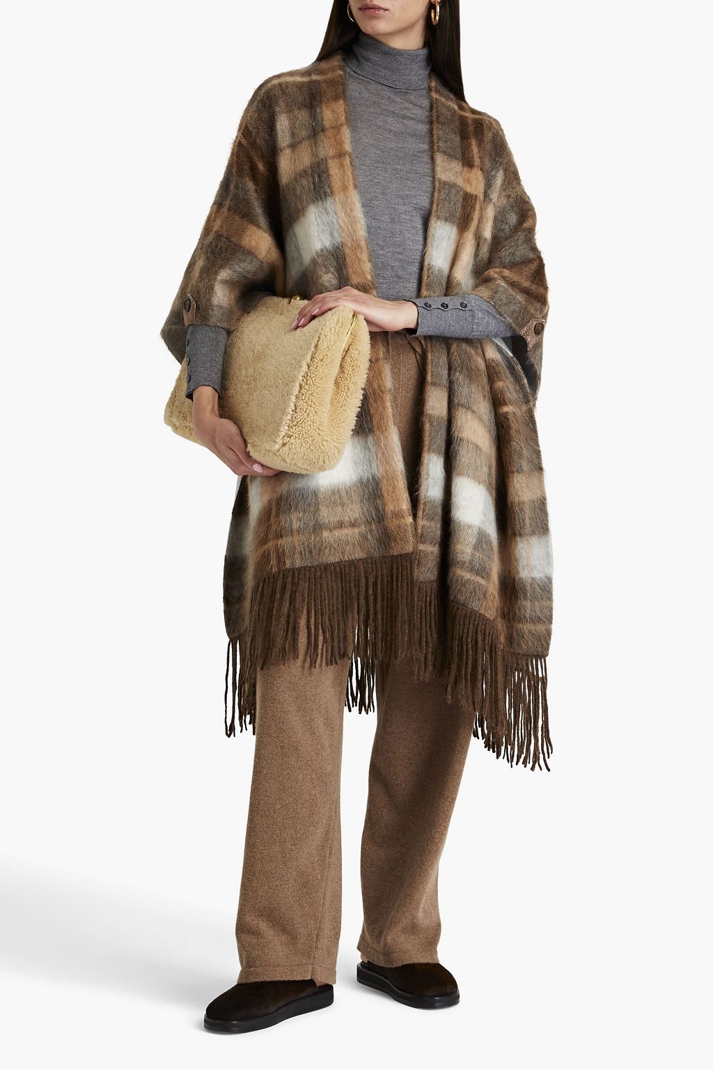 BRUNELLO CUCINELLI Bead-embellished fringed checked felt cape