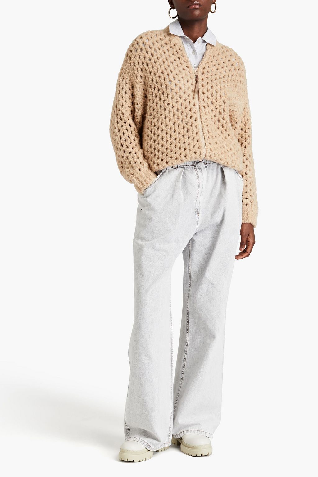 BRUNELLO CUCINELLI Open-knit camel wool-blend cardigan