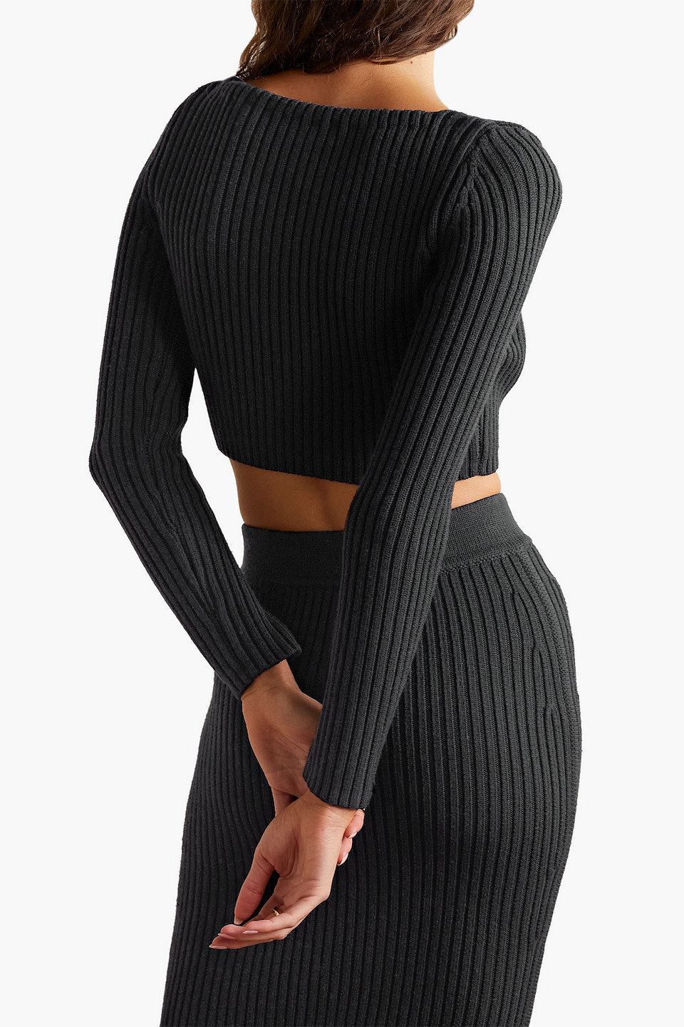 Shop Michael Kors Cropped Ribbed Wool-blend Zip-up Cardigan In Black