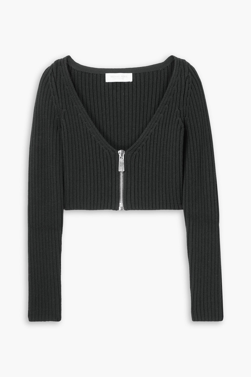 Michael Kors Cropped Ribbed Wool-blend Cardigan In Black