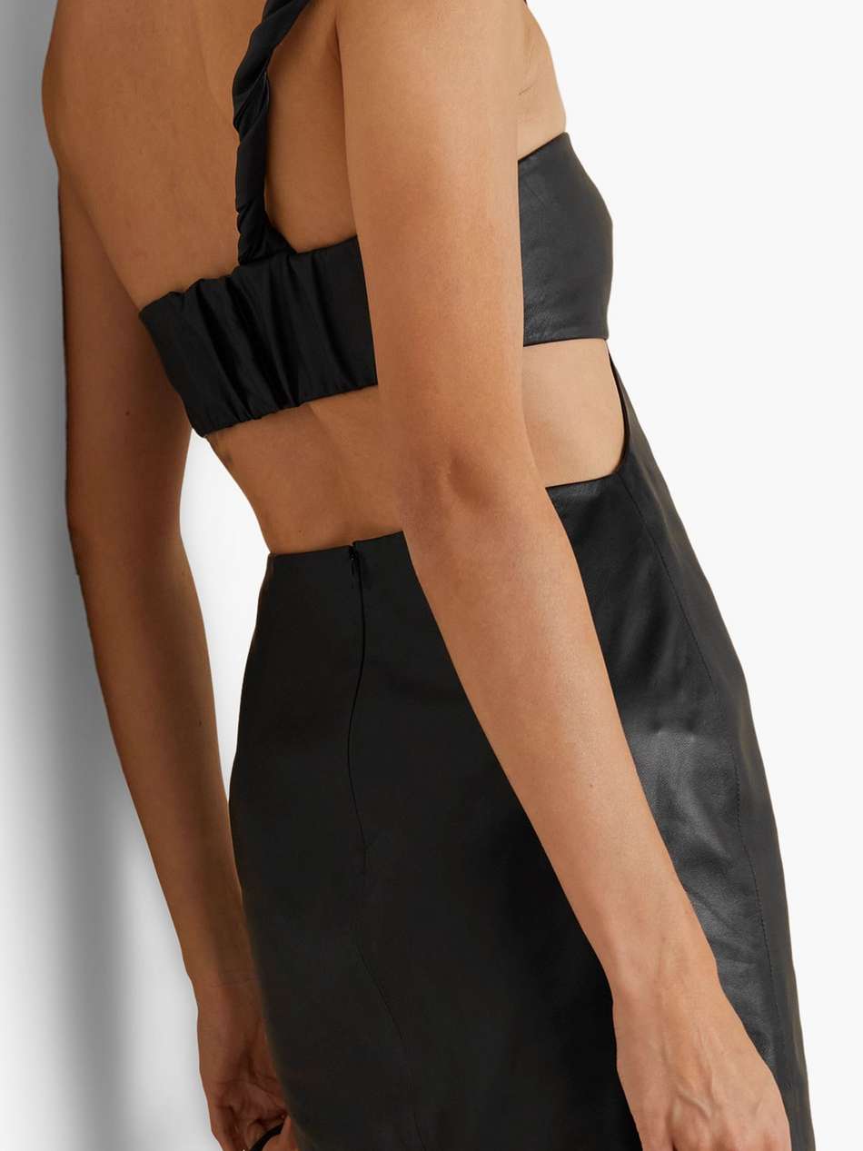one-shoulder knotted cutout leather mini dress