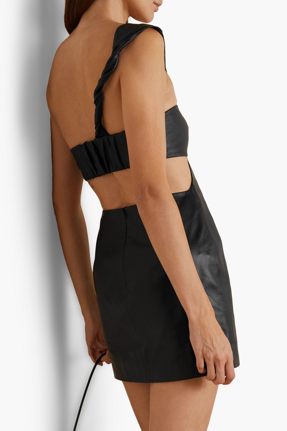 Shop Zeynep Arcay One-shoulder Knotted Cutout Leather Mini Dress In Black