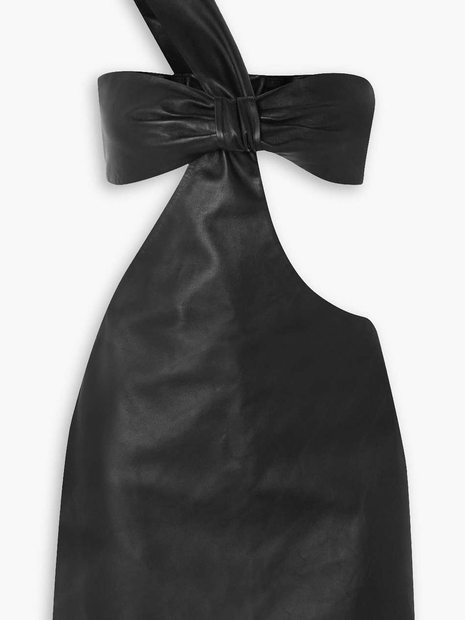 one-shoulder knotted cutout leather mini dress