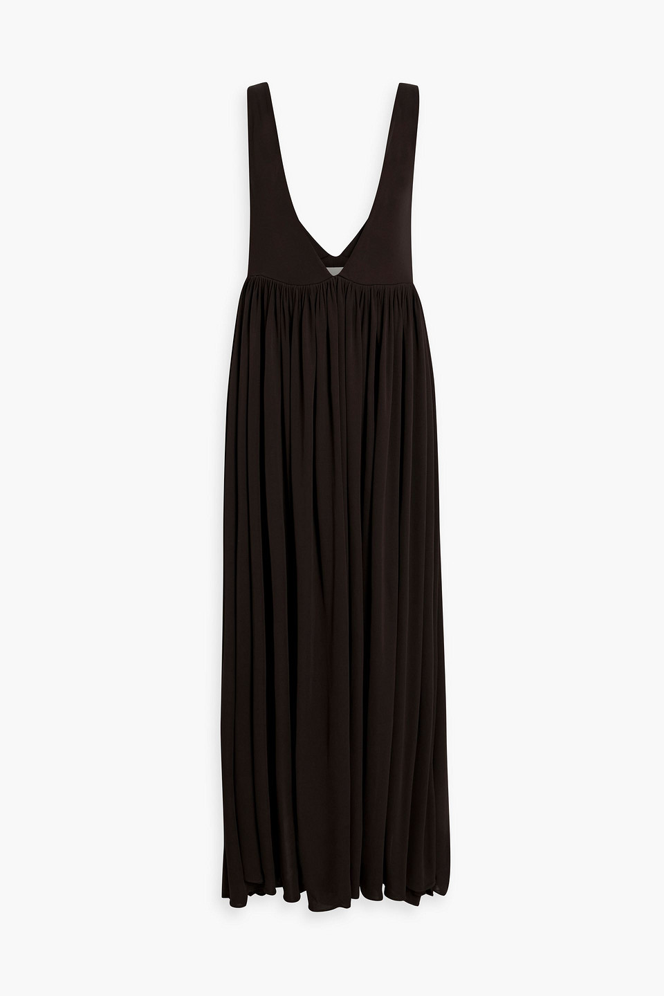 Khaite Layas Asymmetric Crepe Maxi Dress In Dark Brown