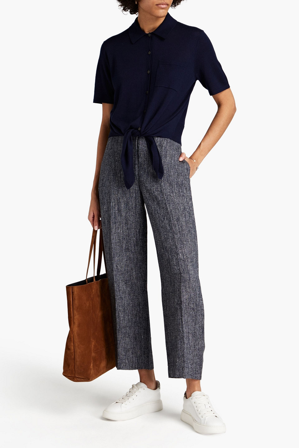 Theory Cropped Linen-blend Tweed Straight-leg Trousers In Blue
