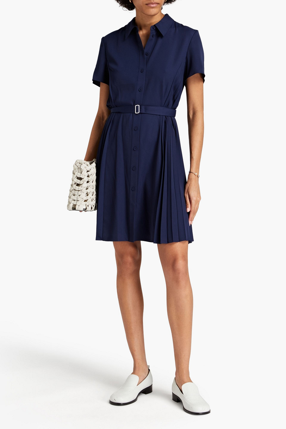 Theory Pleated Crepe Mini Shirt Dress In Blue