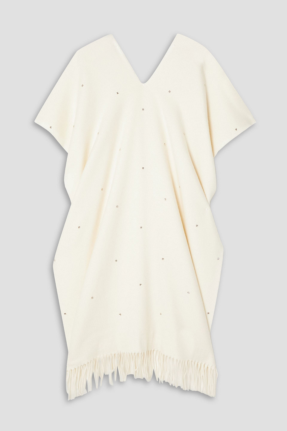 Valentino Rockstud Crystal-embellished Fringed Wool-blend Poncho In Ivory