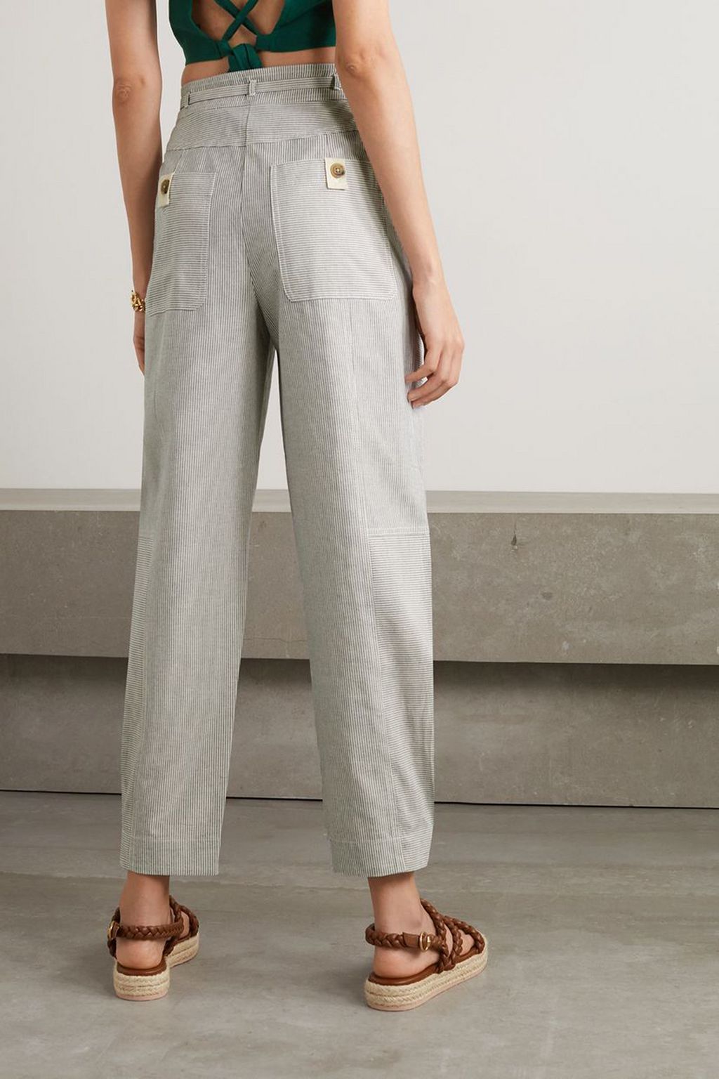 ULLA JOHNSON Lennox belted striped cotton-canvas straight-leg pants
