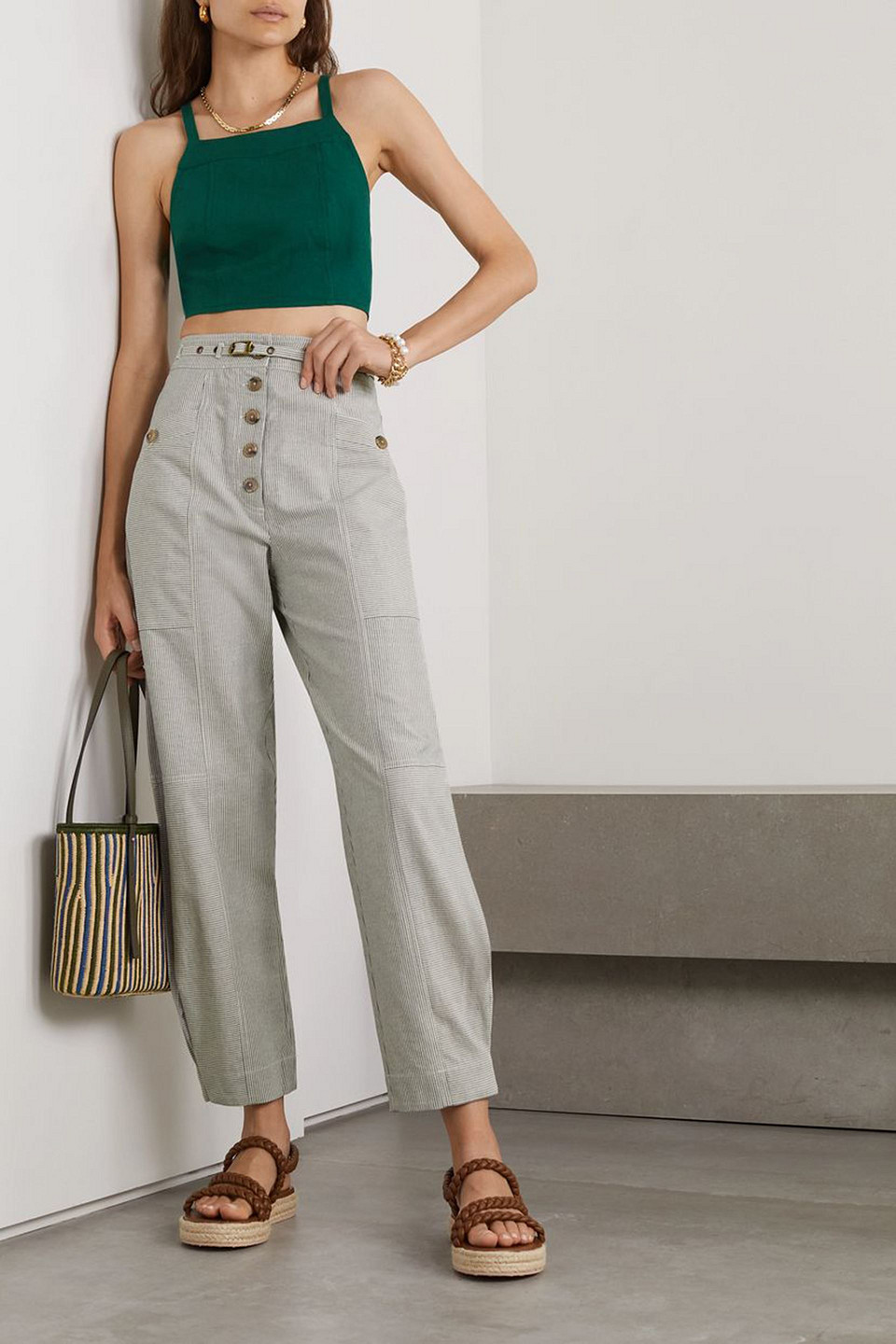 Ulla Johnson Lennox Belted Striped Cotton-canvas Straight-leg Pants In Off-white