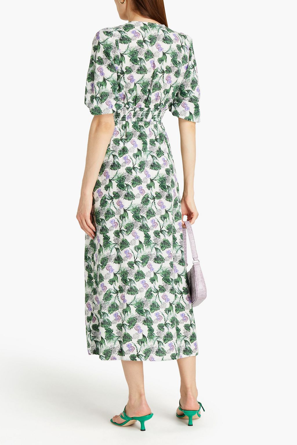 MAJE Shirred floral-print crepe midi dress