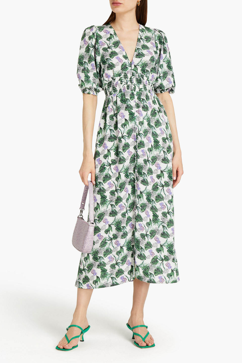 Maje Romantica Shirred Floral-print Slub Woven Midi Dress In Green | ModeSens Maje Romantica Shirred Floral-print Slub Woven Midi Dress In Green | ModeSens