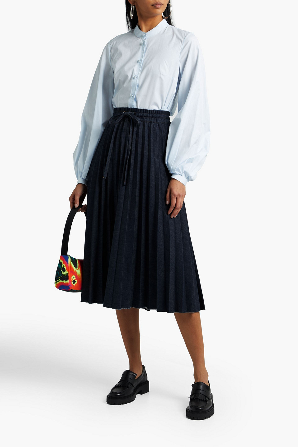Red Valentino Pleated Cotton chambray Midi Skirt In Dark Denim ModeSens