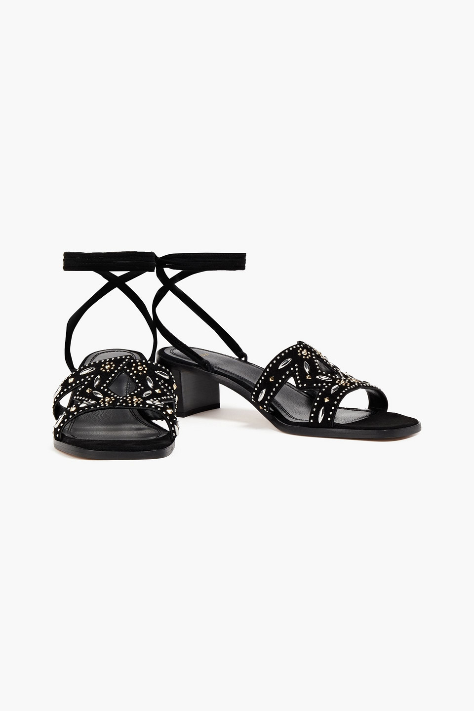 Shop Maje Laser-cut Studded Suede Sandals In Black