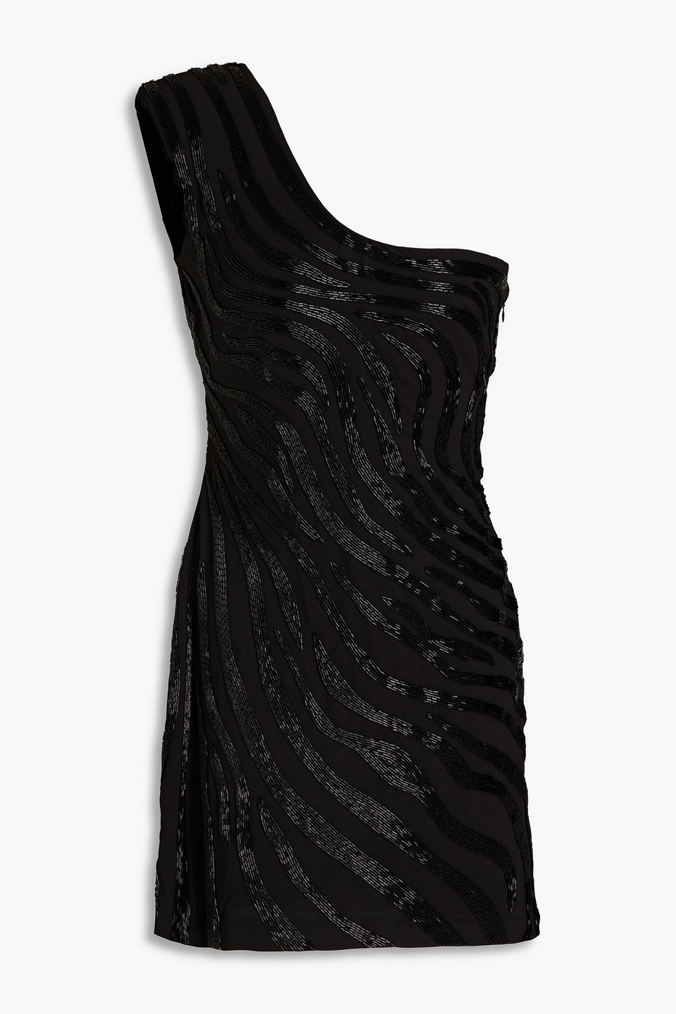 Retroféte One-shoulder Bead-embellished Crepe Mini Dress In Black