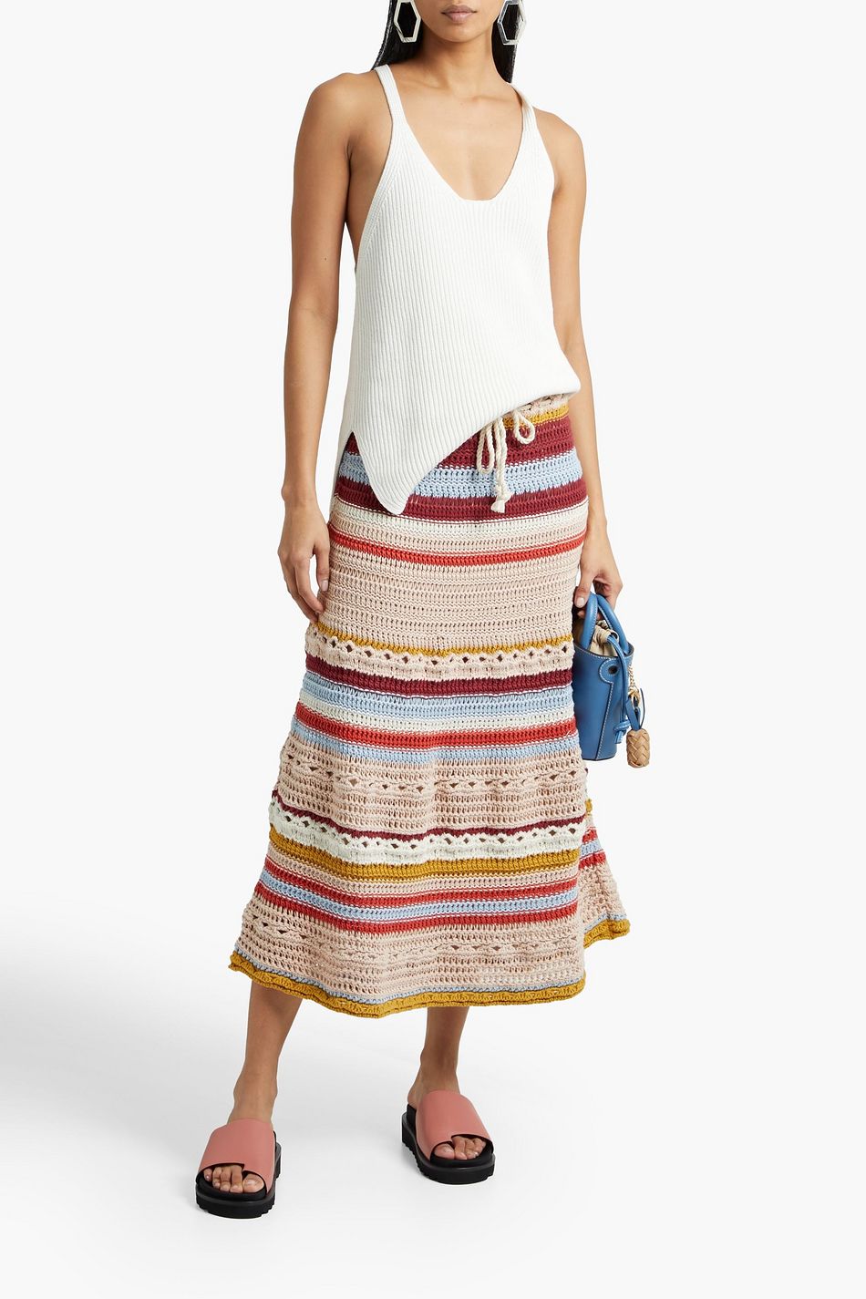 REDVALENTINO Striped crocheted cotton midi skirt THE