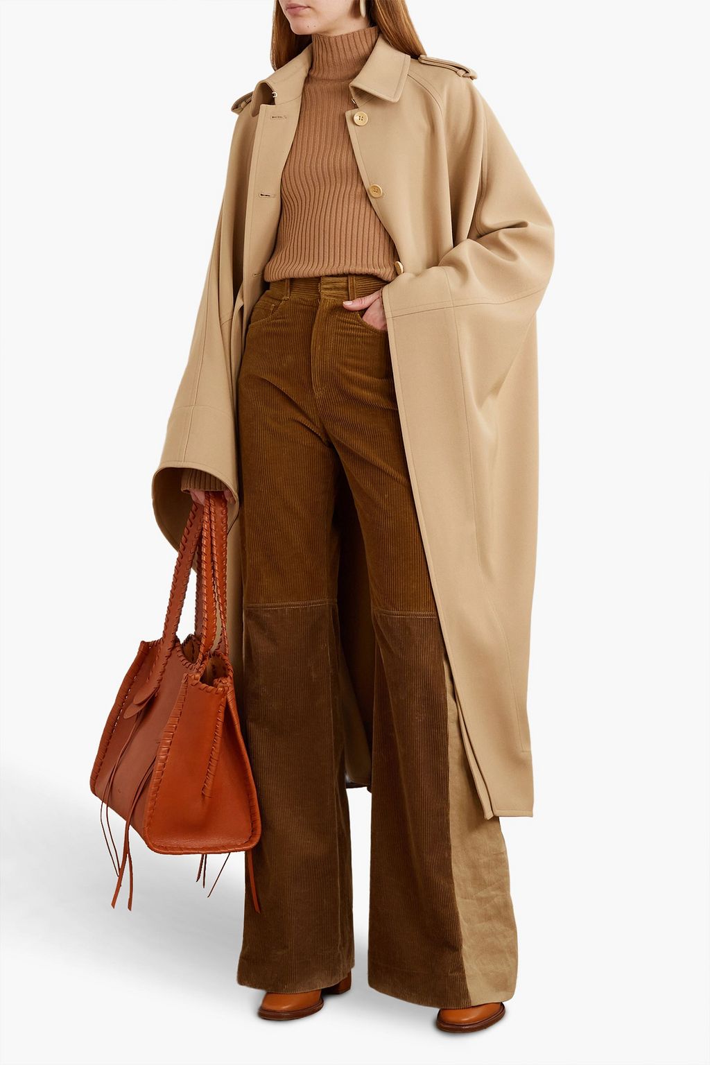 CHLOÉ بنطلون من قطن مخمل مضلّع بقِطع محاكة بجانب بعضها البعض من الكنفا بقصة واسعة من الأسفل