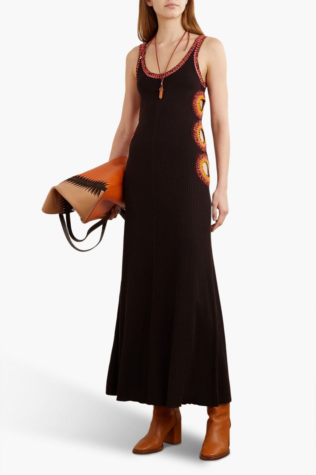 CHLOÉ Cutout crochet-trimmed ribbed wool maxi dress