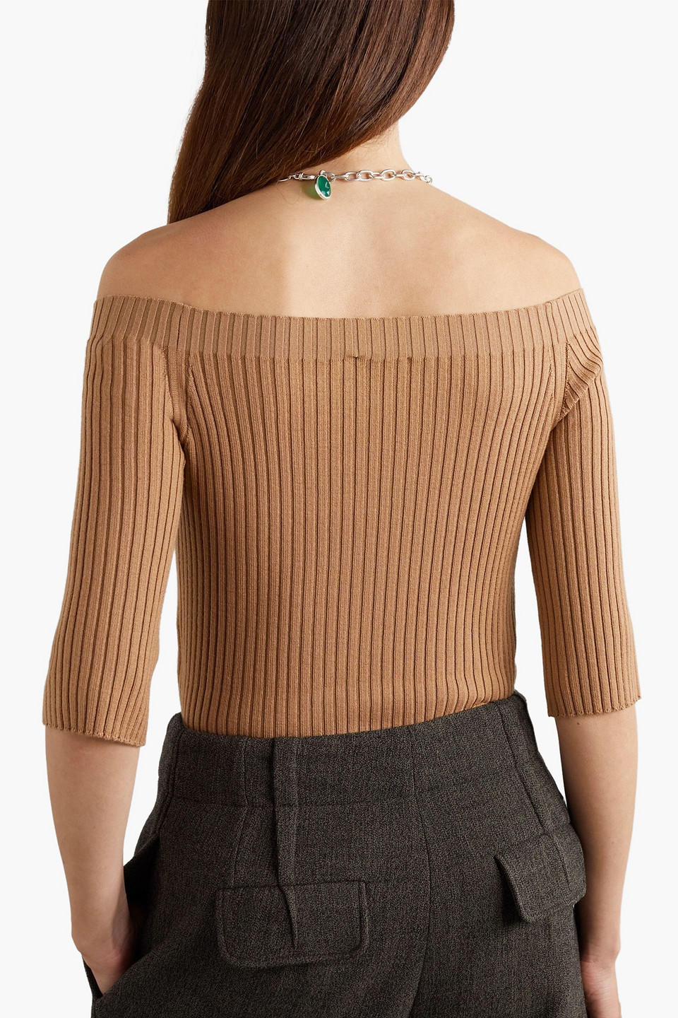 CHLOÉ OFF-THE-SHOULDER RIBBED WOOL AND CASHMERE-BLEND SWEATER
