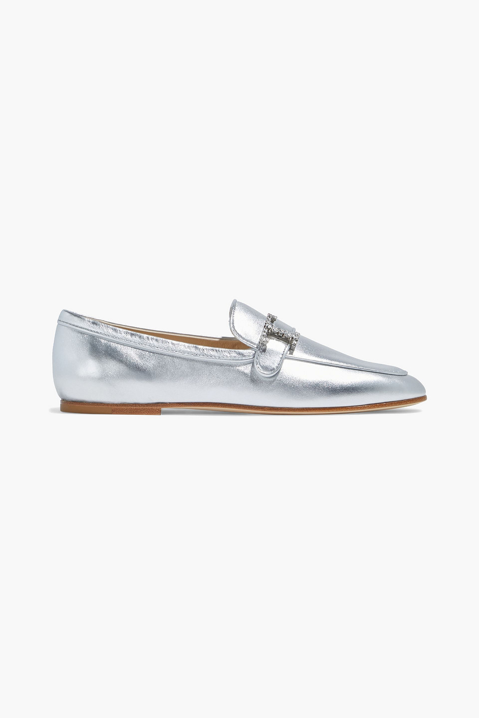 Tod's Crystal-embellished Metallic Leather Loafers In Silver