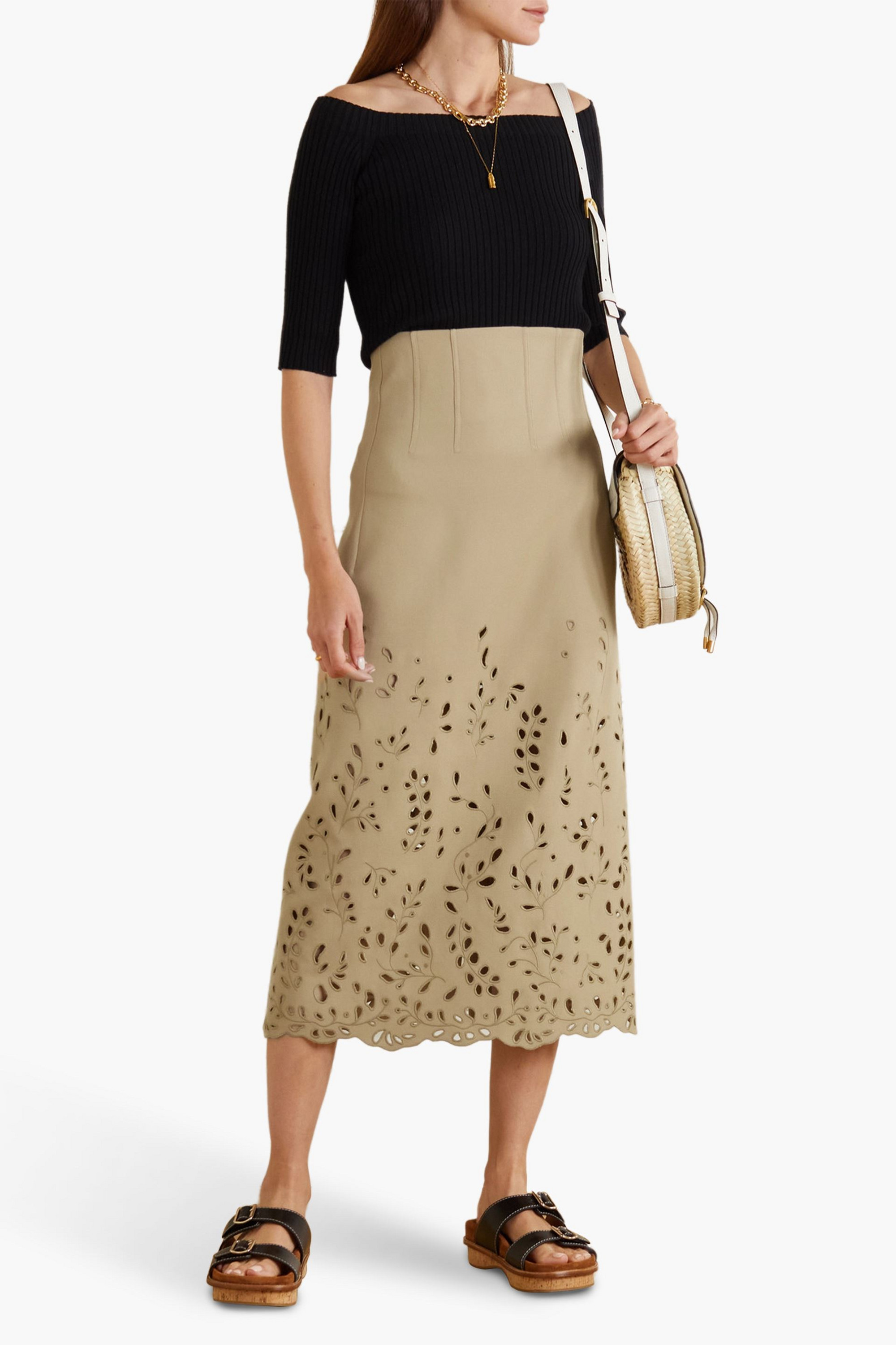 Chloé Broderie anglaise wool-twill midi skirt