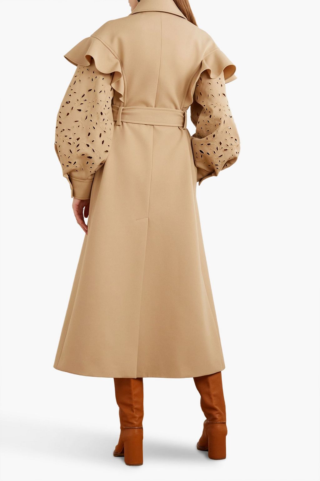 CHLOÉ Belted ruffled broderie anglaise wool trench coat