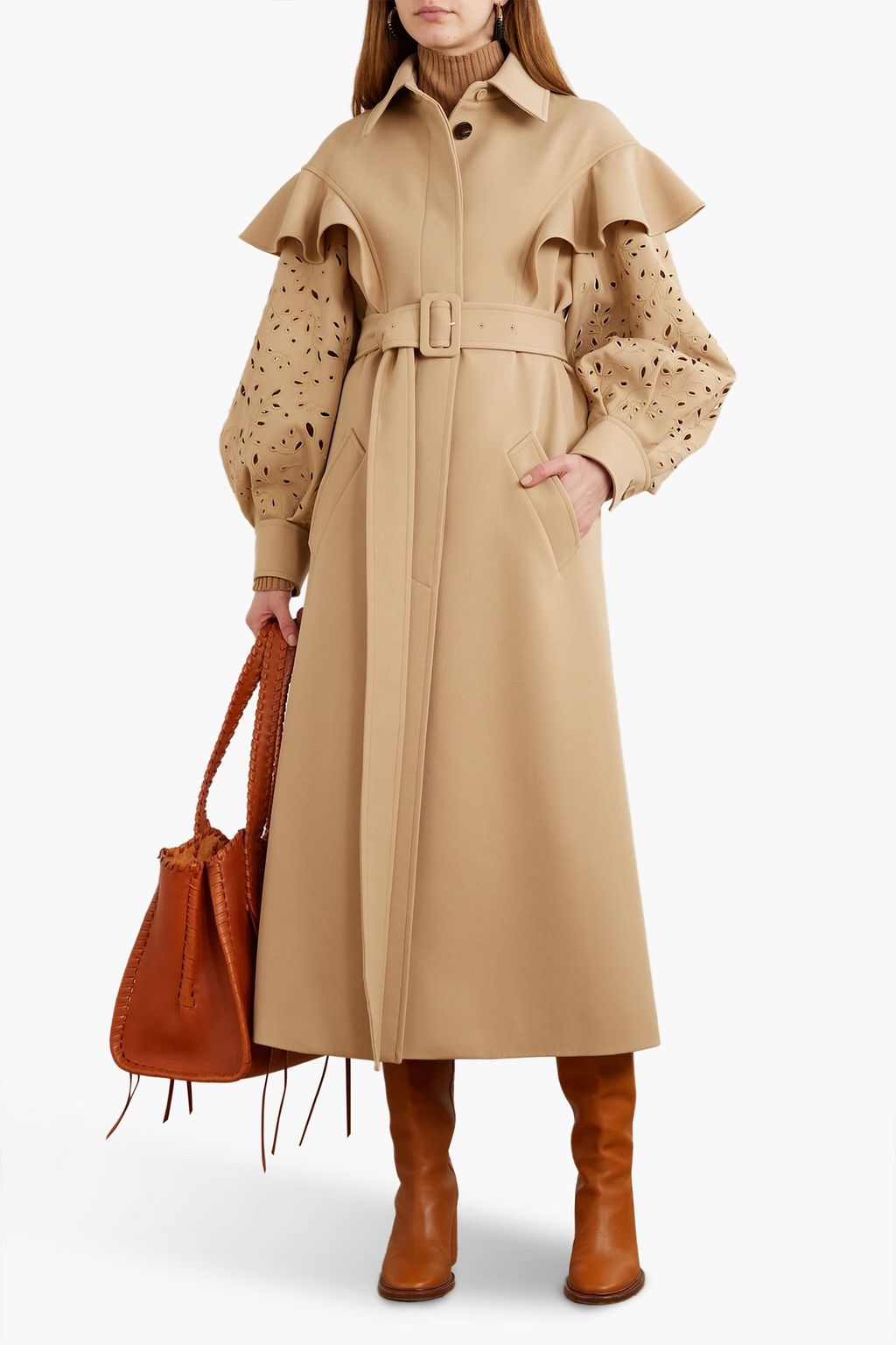 CHLOÉ Belted ruffled broderie anglaise wool trench coat