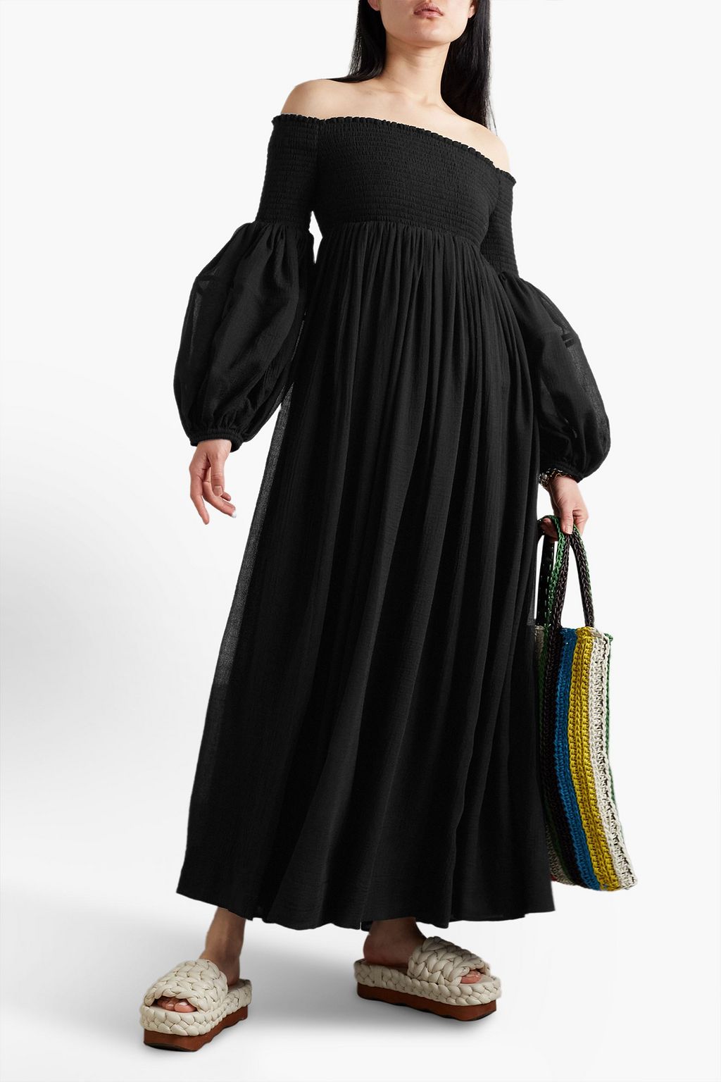 CHLOÉ فستان طويل من الكريب والصوف بتأثير مزموم بتصميم مكشوف الكتفين