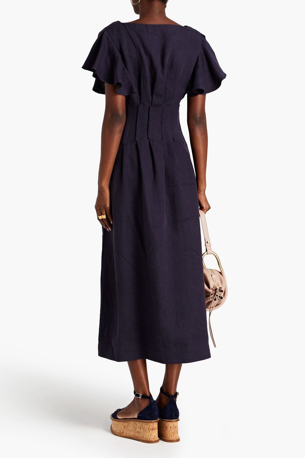 CHLOÉ リネン ミディワンピース ラッフル付き プリーツ入り