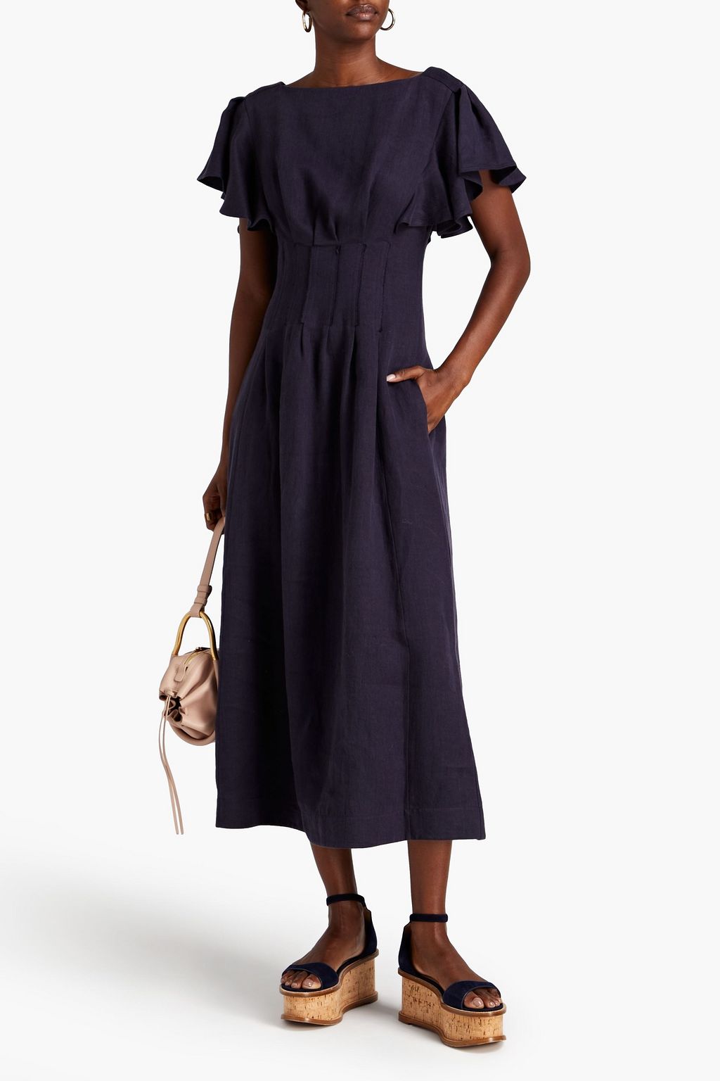 CHLOÉ リネン ミディワンピース ラッフル付き プリーツ入り