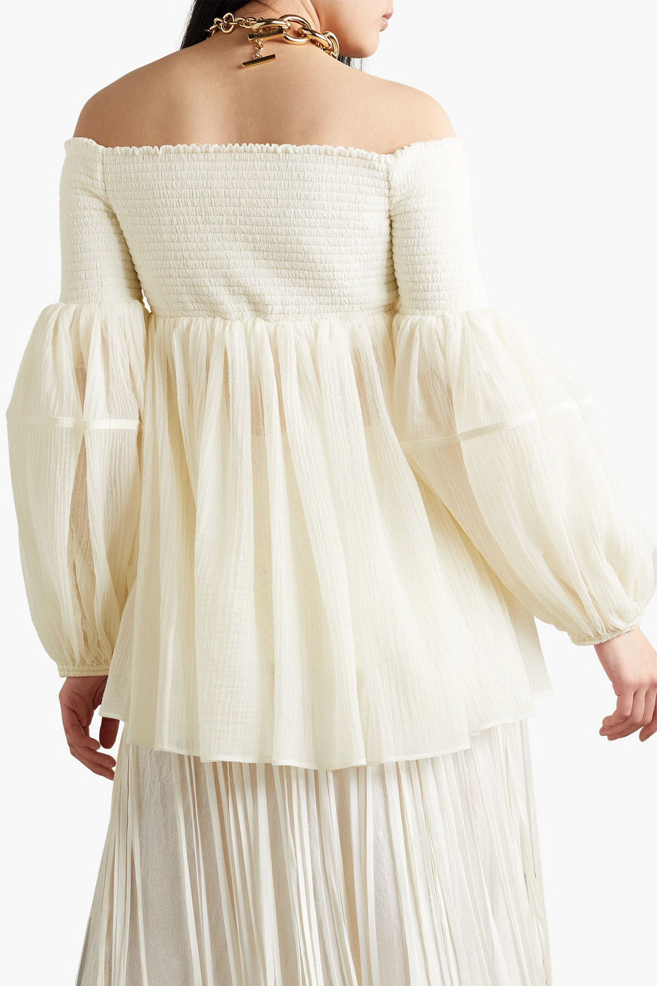 Chloé Ruched-bodice Off-shoulder Wool Top In Elfenbein