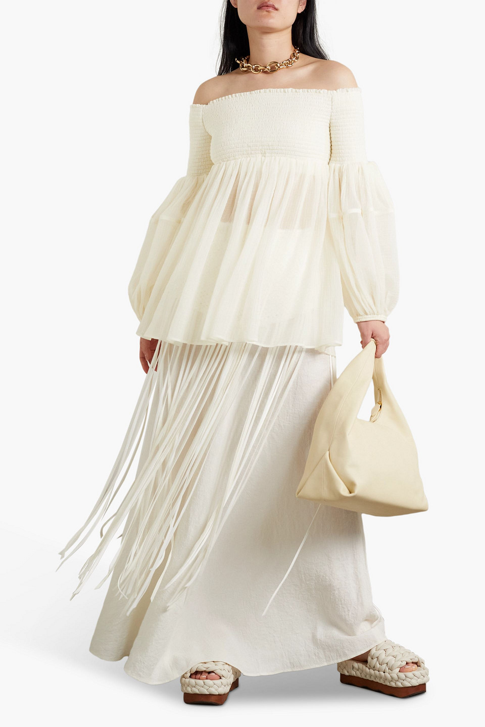 Chloé Ruched-bodice Off-shoulder Wool Top In Elfenbein