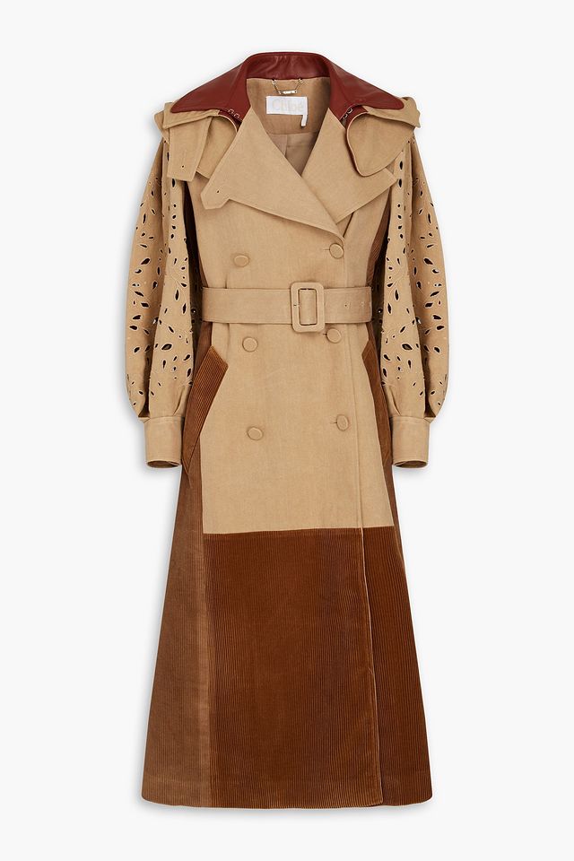 Broderie anglaise hemp-blend canvas and corduroy hooded trench coat