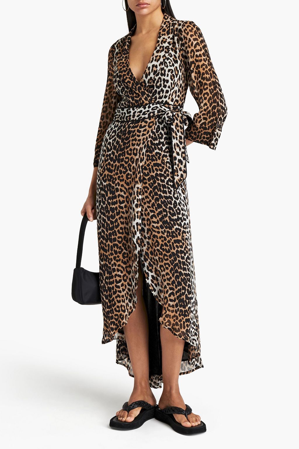 GANNI Leopard-print georgette midi wrap dress