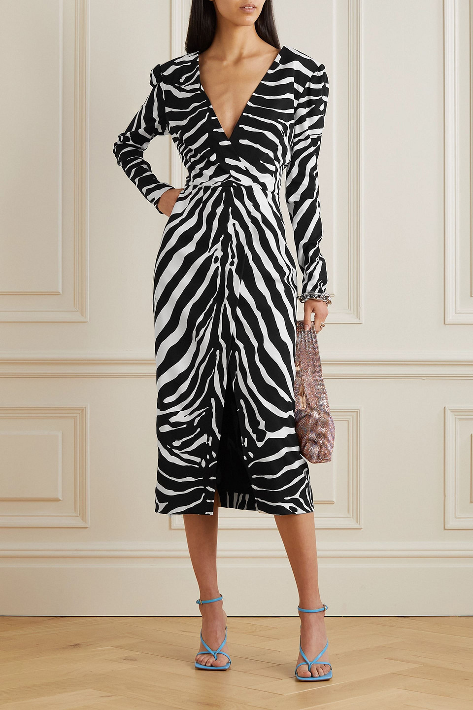 Dolce & Gabbana Ruched Zebra-print Crepe Midi Dress In Animal-print