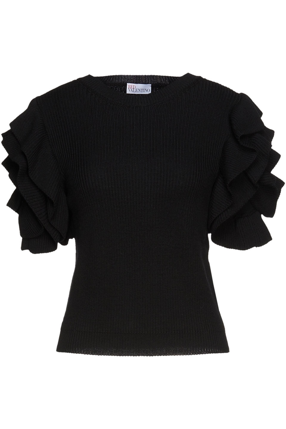 Redvalentino Woman Ruffled Ribbed Wool Sweater Black Size S