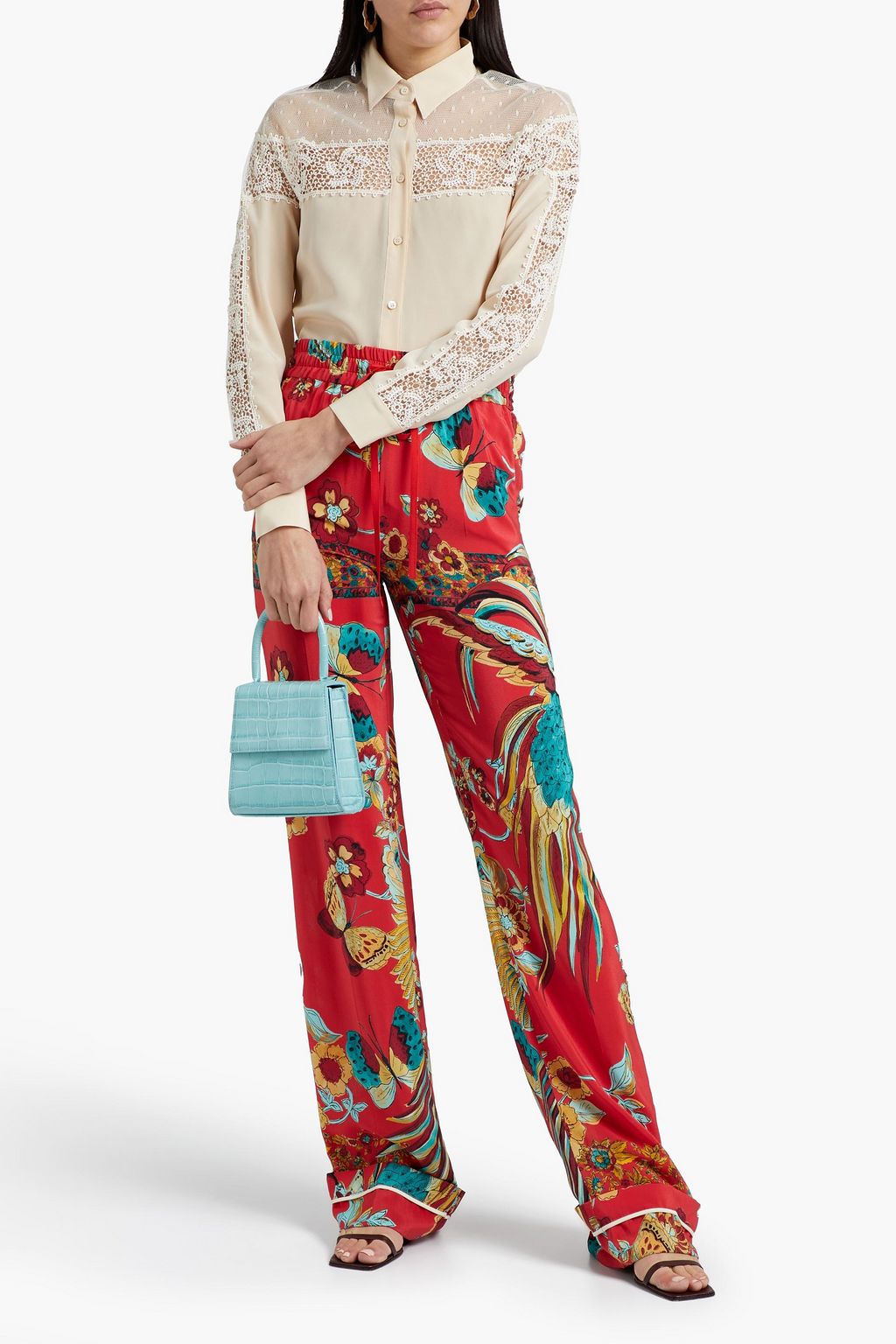 REDVALENTINO Point d'esprit, crochet and silk crepe de chine shirt