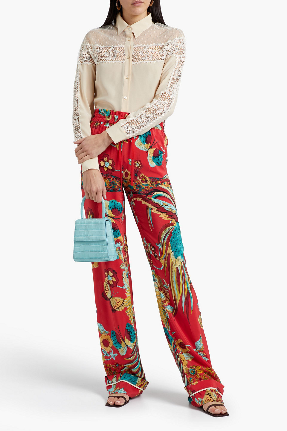 Red Valentino Point D'esprit, Crochet And Silk Crepe De Chine Shirt In Cream