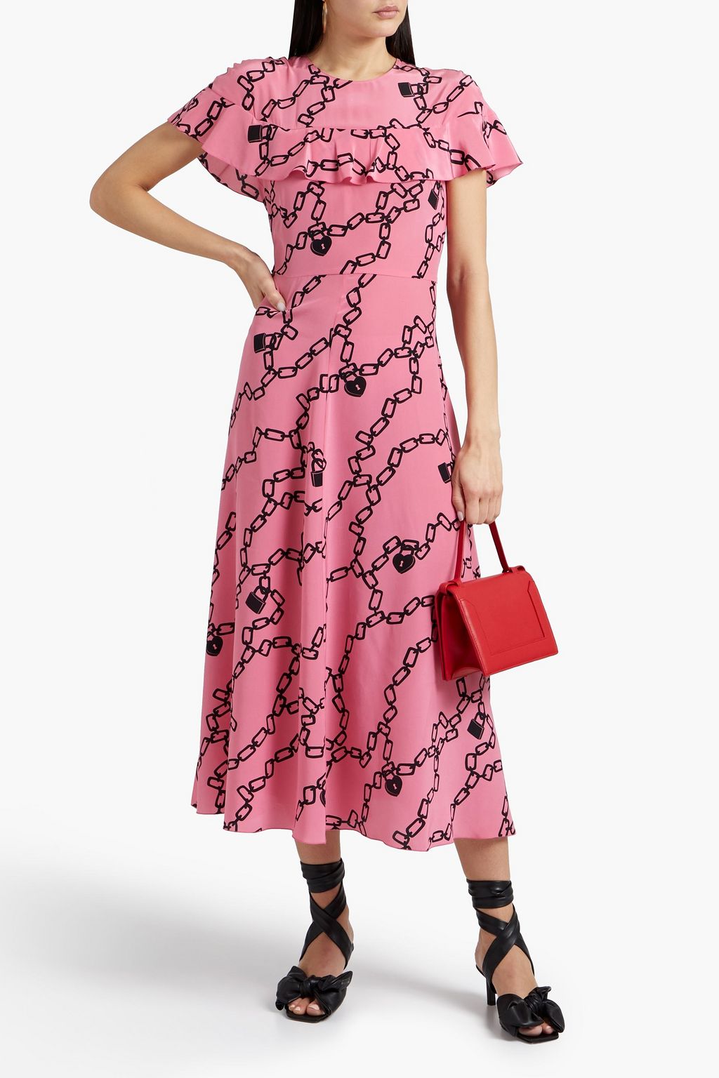REDVALENTINO Bedrucktes Midikleid aus Crêpe de Chine aus Seide mit Cape-Effekt