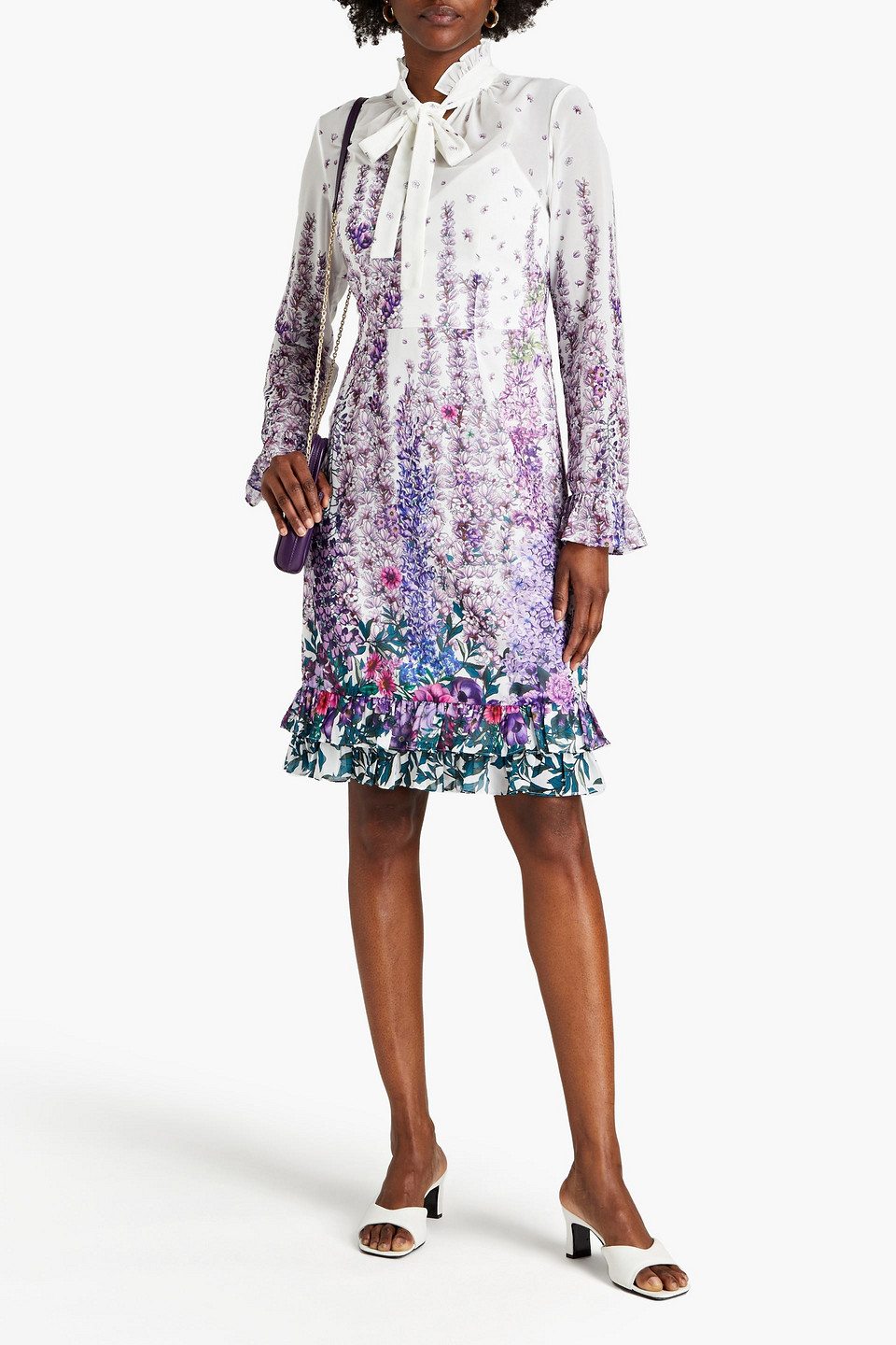 Mikael Aghal Pussy-bow Floral-print Chiffon Dress In White