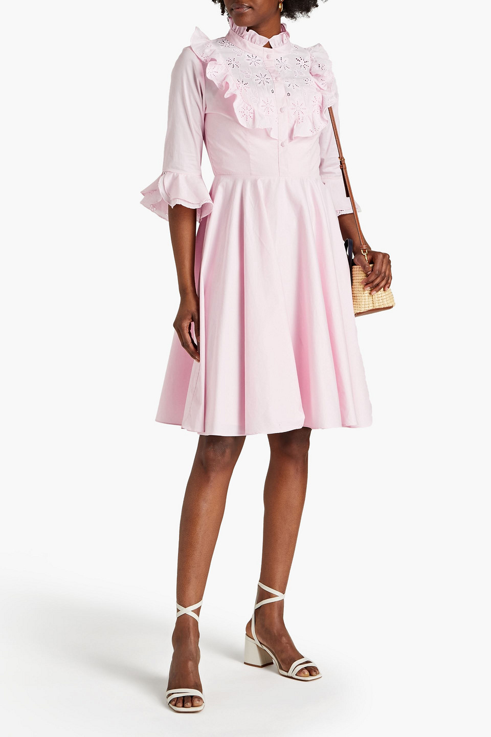 Mikael Aghal Ruffled Broderie Anglaise Cotton-blend Dress In Pastel Pink