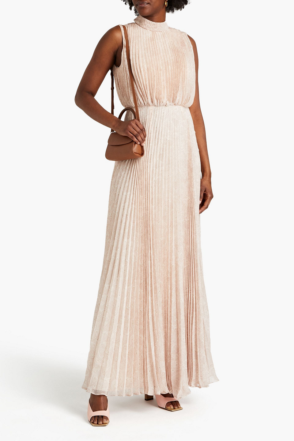 Mikael Aghal Cutout Pleated Paisley-print Georgette Maxi Dress In Pastel Pink