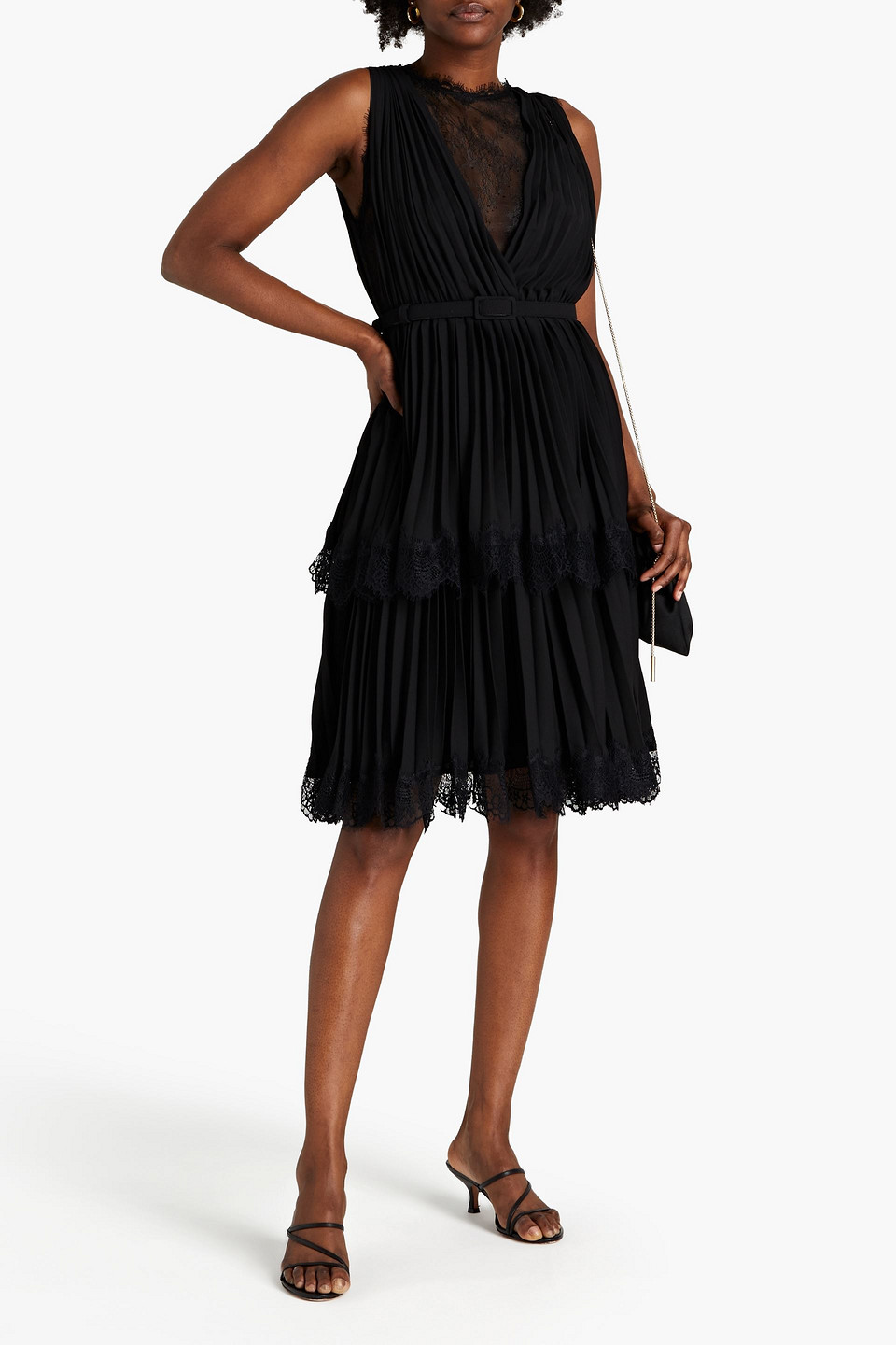 Mikael Aghal Lace-paneled Pleated Crepe Dress In Black