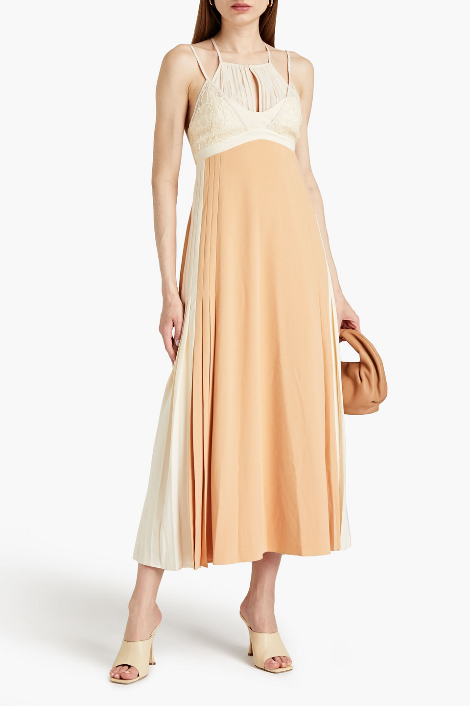 Jonathan Simkhai Lace-paneled Pleated Crepe Midi Dress In Neutrals