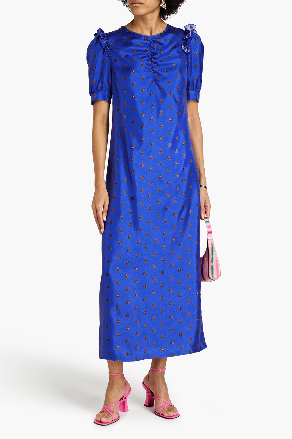 Lisou Ruched Printed Silk-twill Midi Dress In Blue