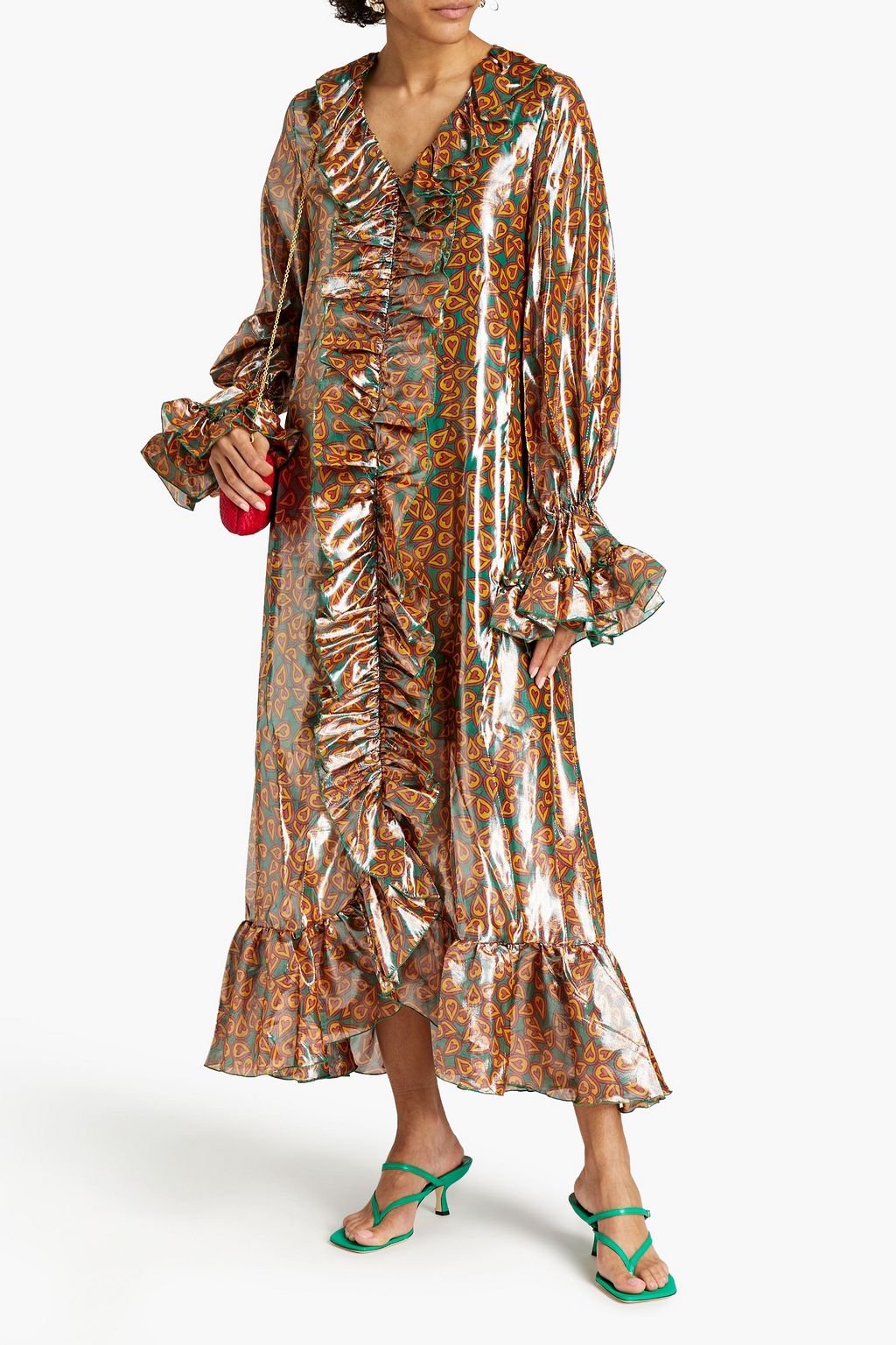 LISOU Martine ruffled printed lamé maxi dress