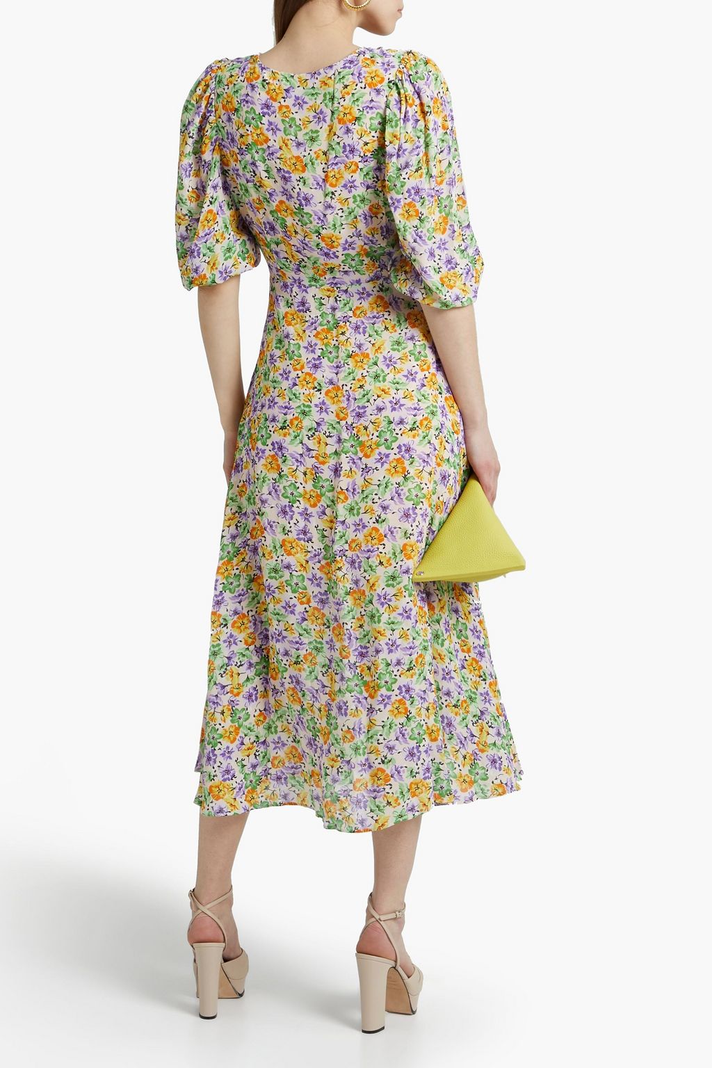 NICHOLAS Lace-up ruched floral-print crepe midi dress