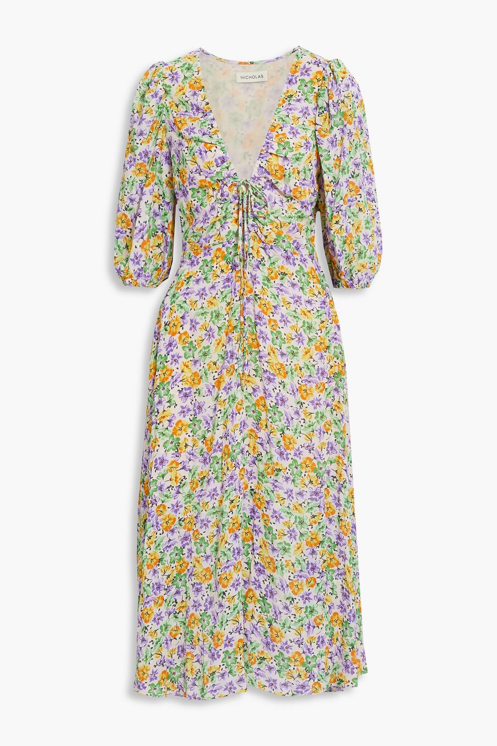 NICHOLAS Danielle lace-up ruched floral-print crepe midi dress | THE OUTNET